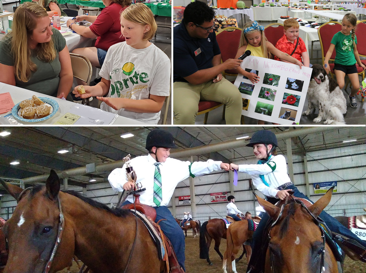(Top left) During interview judging, youth discuss their projects with a judge. (Top right) Many Clover Kids (ages 5–7) participated in Show & Tell. (Bottom) Youth congratulating each other at the Western 3 show.