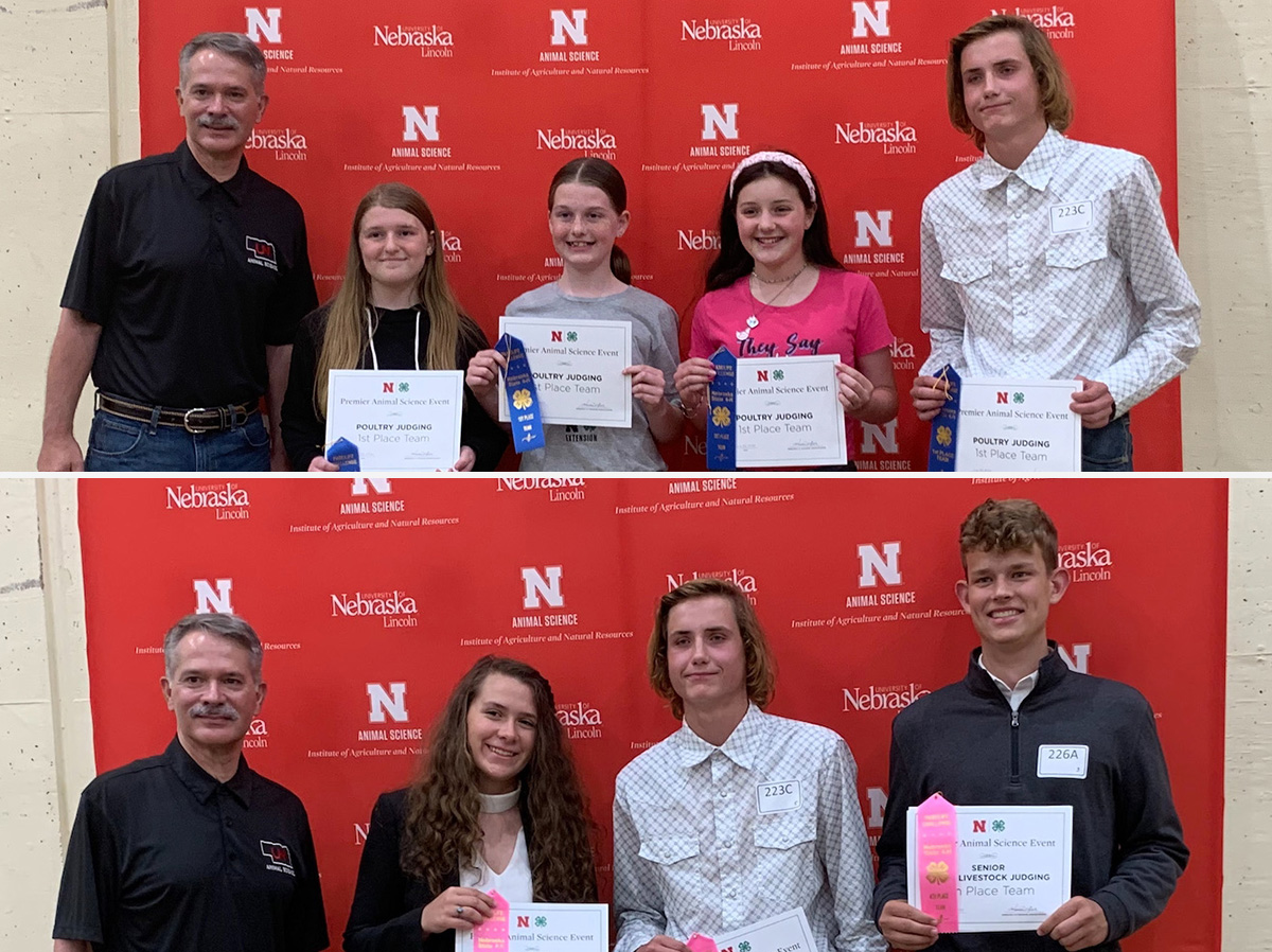 (Top) Lancaster County 4-H Poultry Judging Team earned 1st place overall! (Bottom) 4-H Livestock Judging Team senior division team earned 7th place overall (one youth not pictured). Pictured with Clint Krehbiel, UNL Animal Science Department.