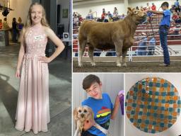 (Clockwise from left) 1 of 4 top Fashion Show awards. Champion Composite Charolais Breeding Beef Yearling Heifer. A Design Gallery selection. Dog Obedience Reserve Champion Beginning Novice B.