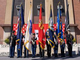 An ROTC Color Guard stands in front of Nebraska's Pershing Military and Naval Science Building during the dedication of the university's Veterans' Tribute project on Sept. 11, 2022. 