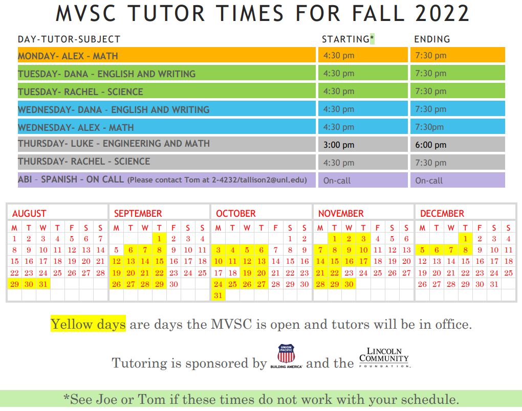 Fall 2022 MVSC tutoring schedule