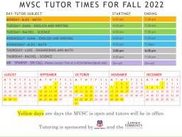 Fall 2022 MVSC tutoring schedule