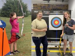 (Left) Olympic Recurve Youth 3D  5th place and Target 3rd place winner; (Right) Basic Bow Youth Target 2nd place winner with Coach Rachel Carlson