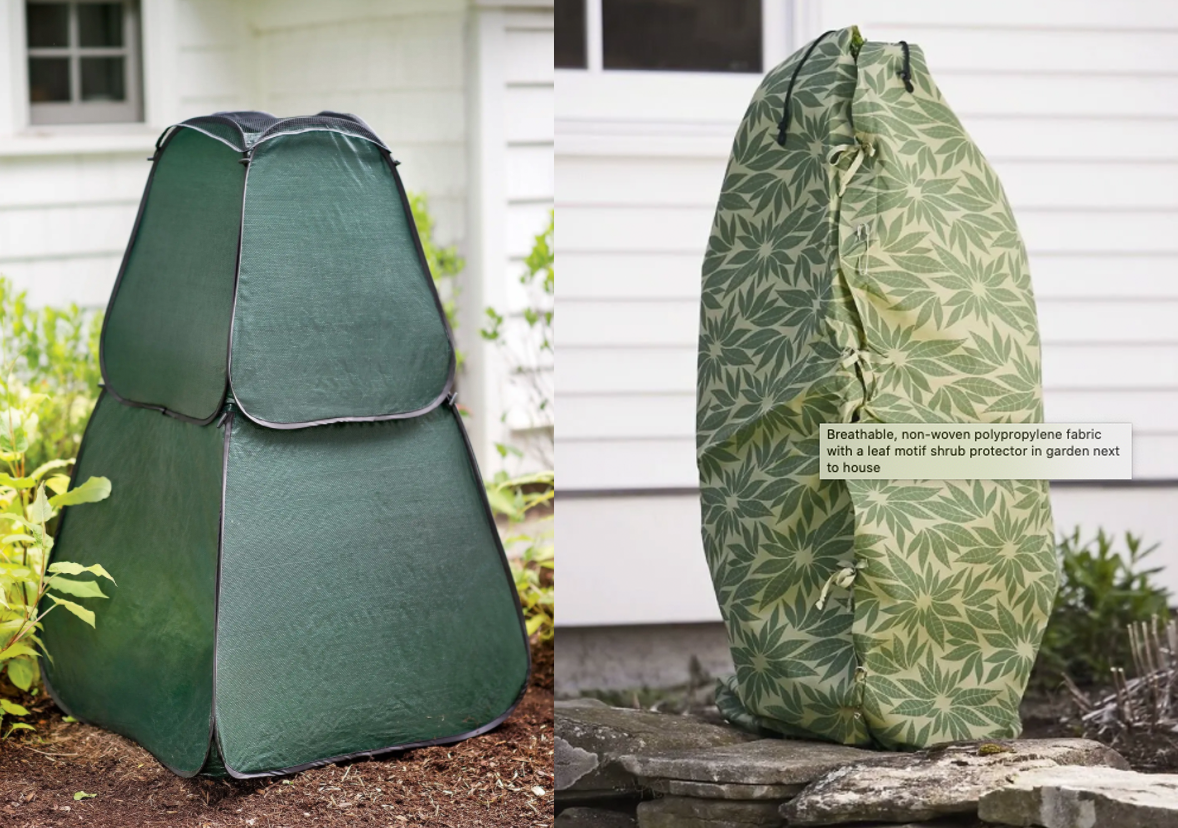 (L-R) Pop-up Plant Protector, Shrub Jacket Protector. (Photos provided by Gardeners Supply, gardeners.com)