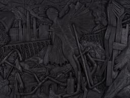 Aaron Spangler, “The Band Played the Night of the Johnstown Flood” (2022), carved and painted Basswood with a touch of graphite, 72”x 124” x 5”. 
