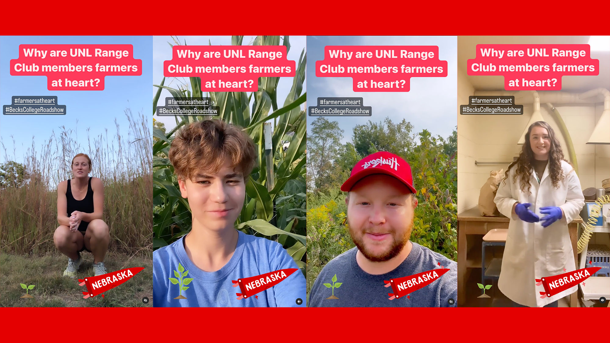 Range Management Club members Sheridan Wilson (from left), Lydia Regier, Jacob VanDress and Sadie Ference explain why ‘We’re all farmers at heart’ in an Instagram Reel produced by the club for Beck’s/U.S. Farm Report social media contest Sept. 15.