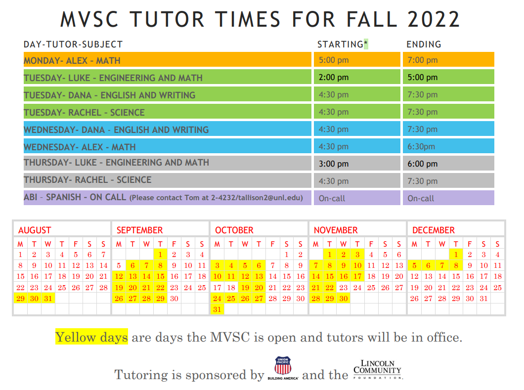 MVSC tutoring schedule Fall 2022