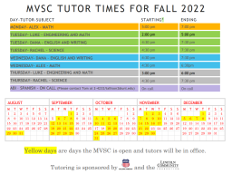 MVSC tutoring schedule Fall 2022