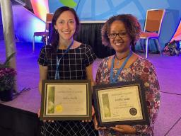 Andrea Basche (left) and Martha Mamo received their society awards Nov. 8 at the ASA-CSSA-SSSA International Annual Meeting in Baltimore!
