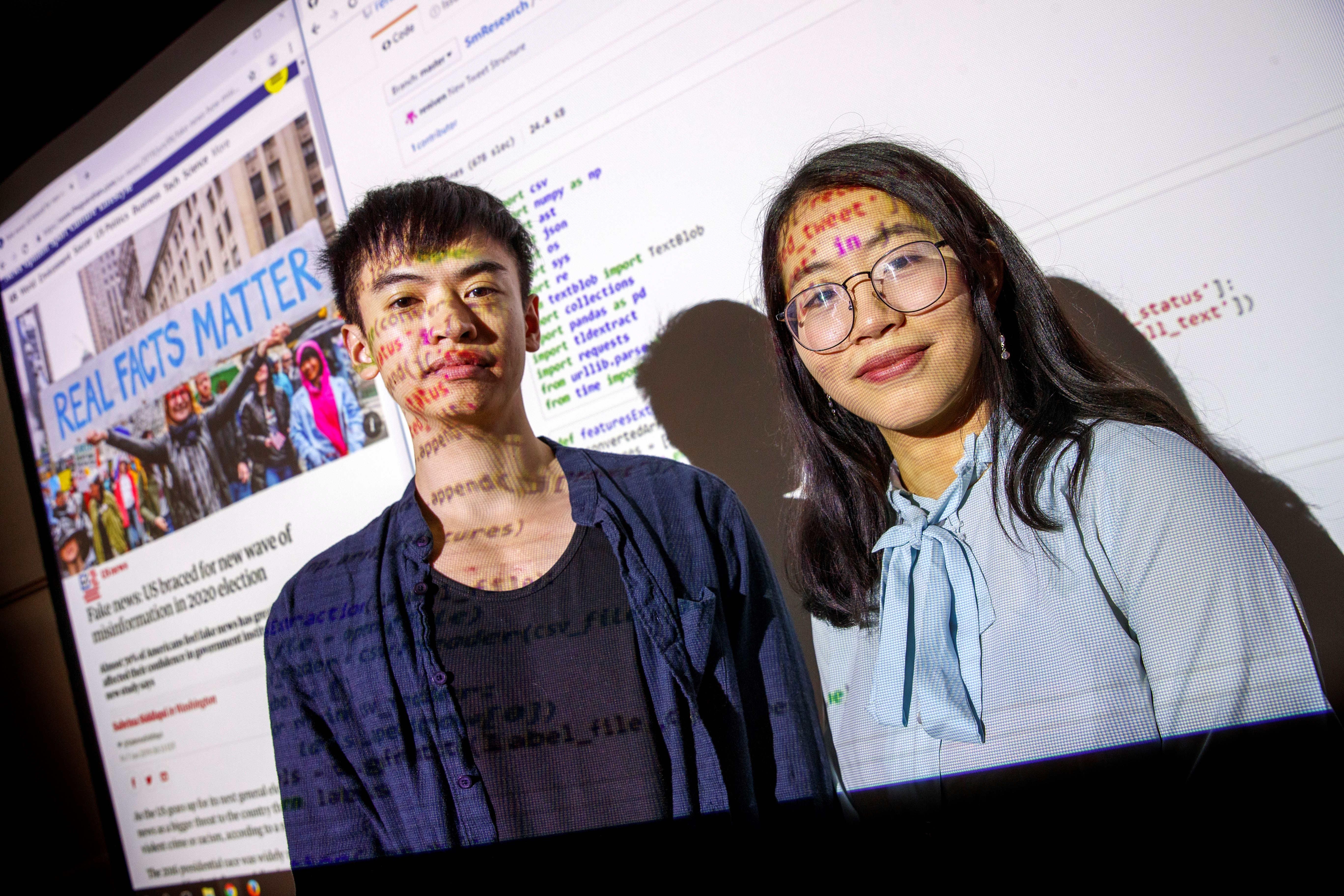 The University of Nebraska–Lincoln will introduce a new data science major in 2023. Pictured here are School of Computing students Eric Le and Vy Doan, who used machine learning to analyze Twitter news data as part of a UCARE project.