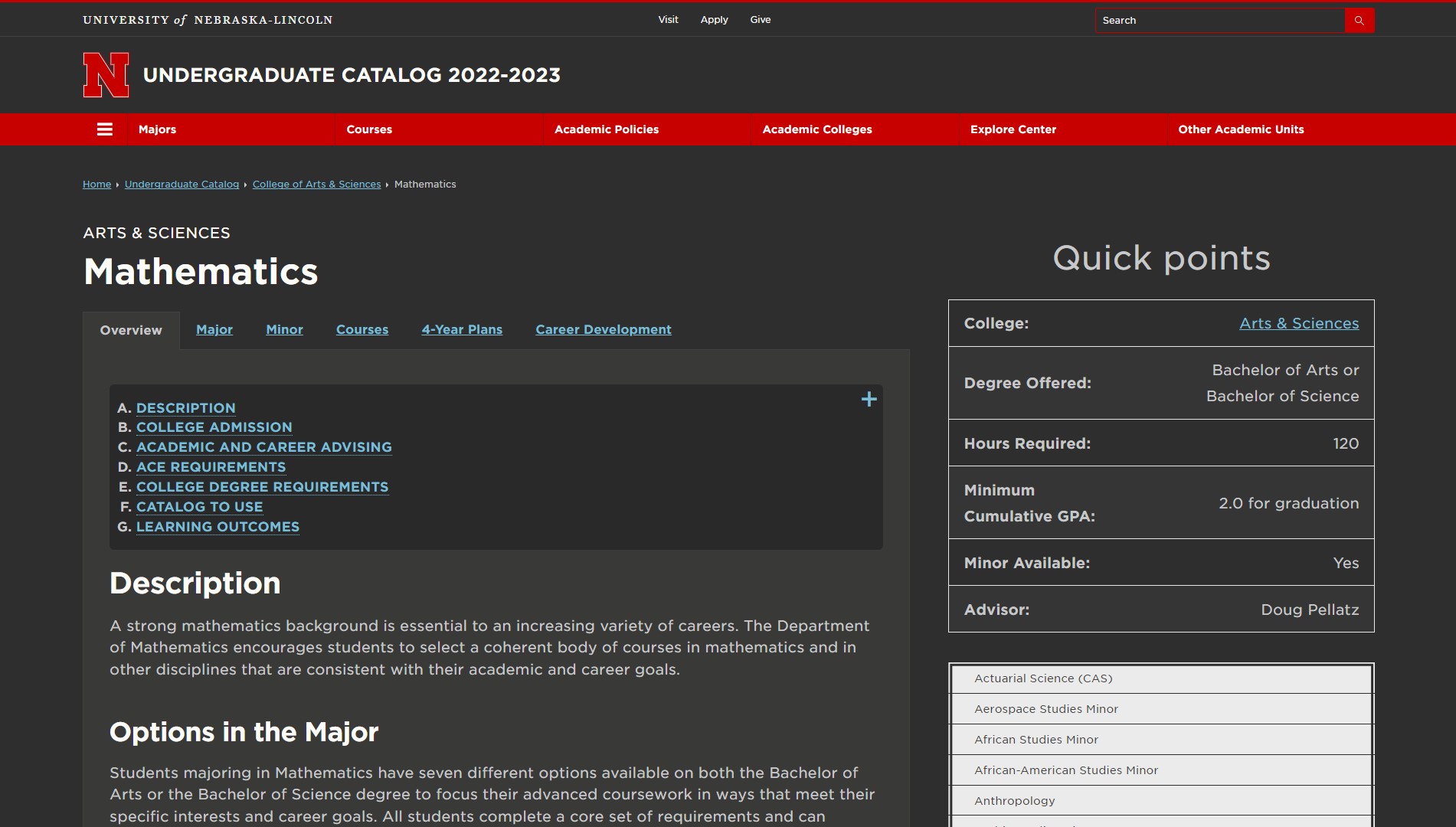 Math page in UNL's 2022-32 Undergraduate Catalog