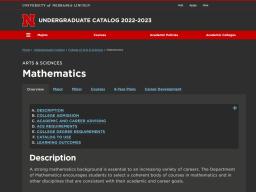 Math page in UNL's 2022-32 Undergraduate Catalog