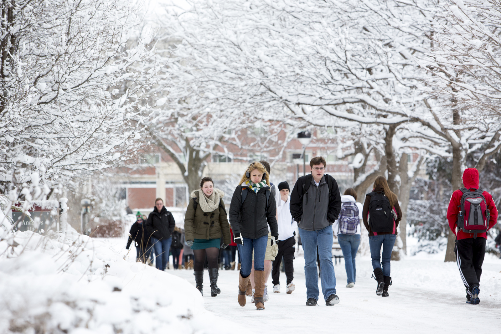 Students on campus in the winter.