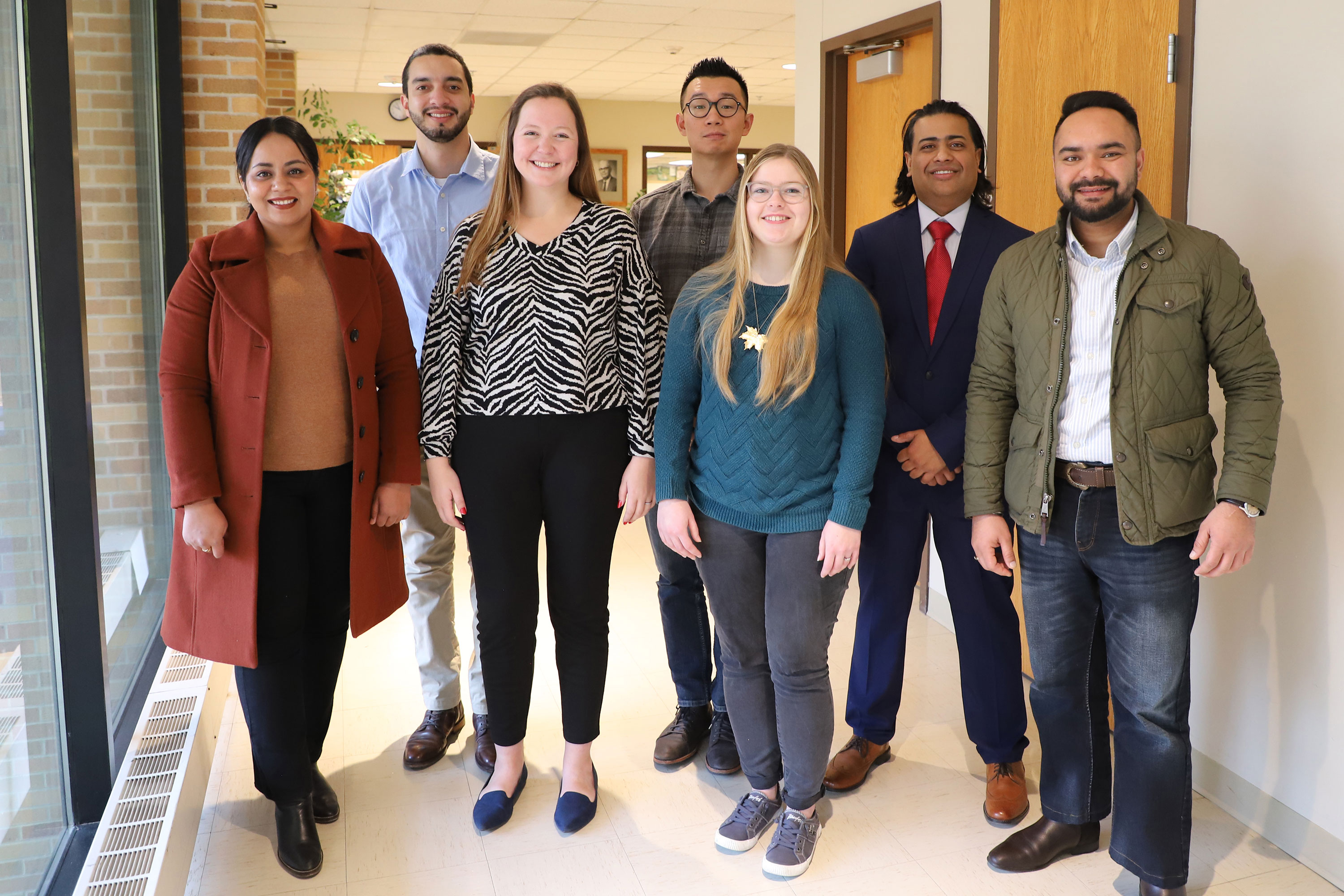 Students honored at the department graduate reception on Dec. 16 include Balpreet Kaur Dhatt (from left), Juan David Jimenez Pardo, Maria Carolina Melo Sciencia, Xinzheng “Chris” Chen, Elizabeth Knutson, Rituraj Khound and Jaspinder Singh.