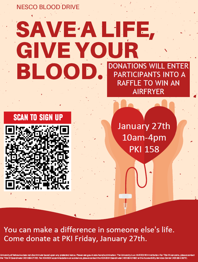 NESCO blood drive is Friday, Jan. 27, from 10 a.m.-4 p.m. in PKI 158.