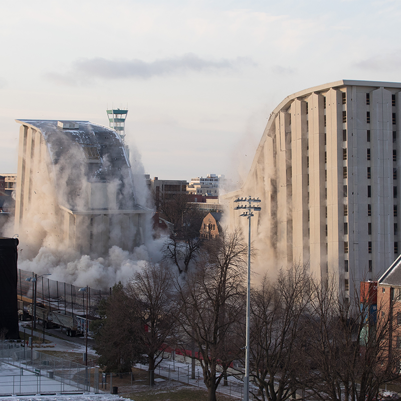 Implosion of the Cather and Pound Residence Halls at the University of Nebraska–Lincoln, Dec. 22, 2017.