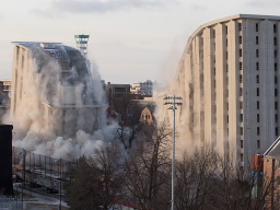 Implosion of the Cather and Pound Residence Halls at the University of Nebraska–Lincoln, Dec. 22, 2017.