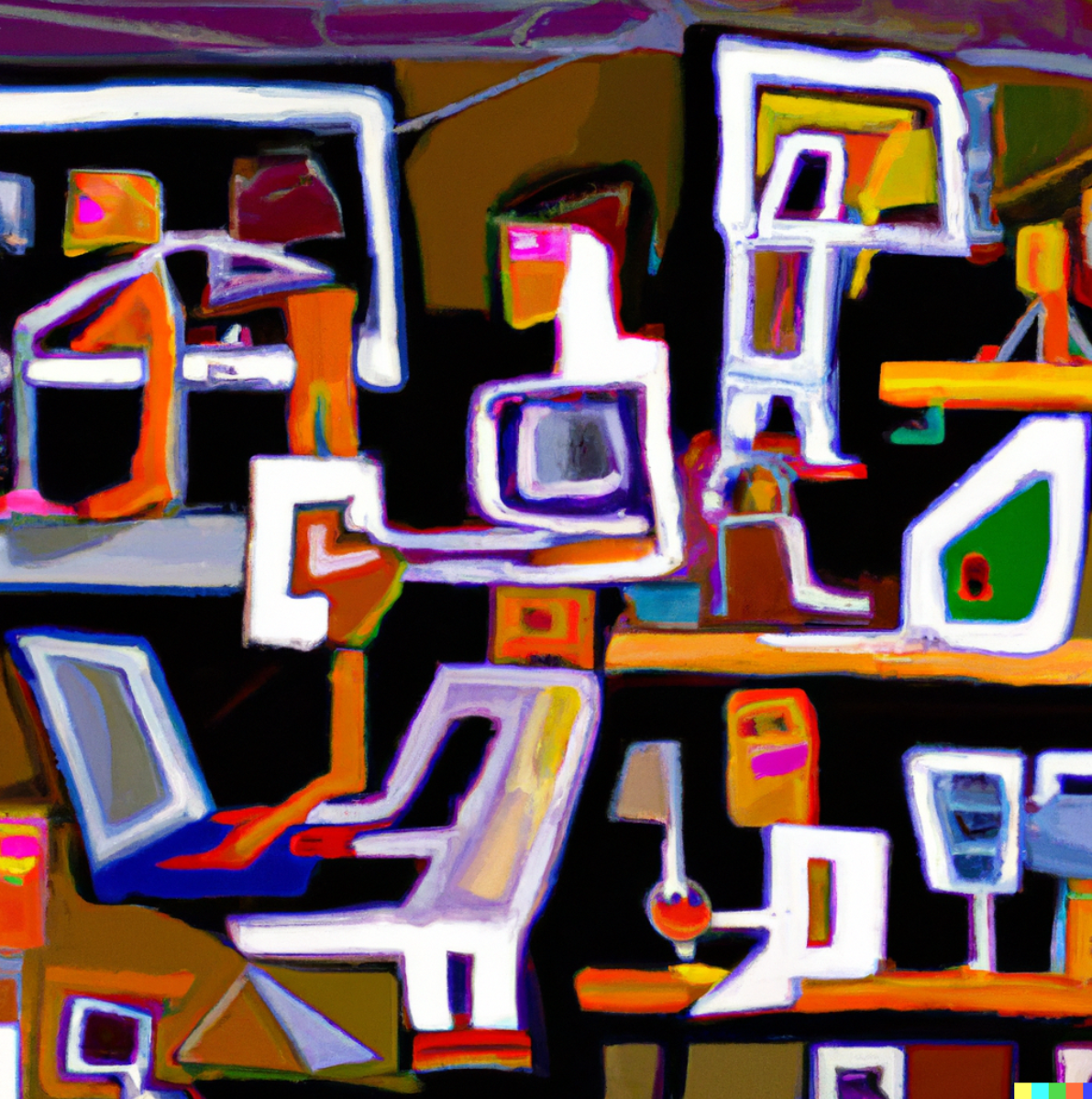 Image credit: DALL-E AI image generator with the prompt “a painting of teaching with a computer and classroom of students in the style of Picasso”.  