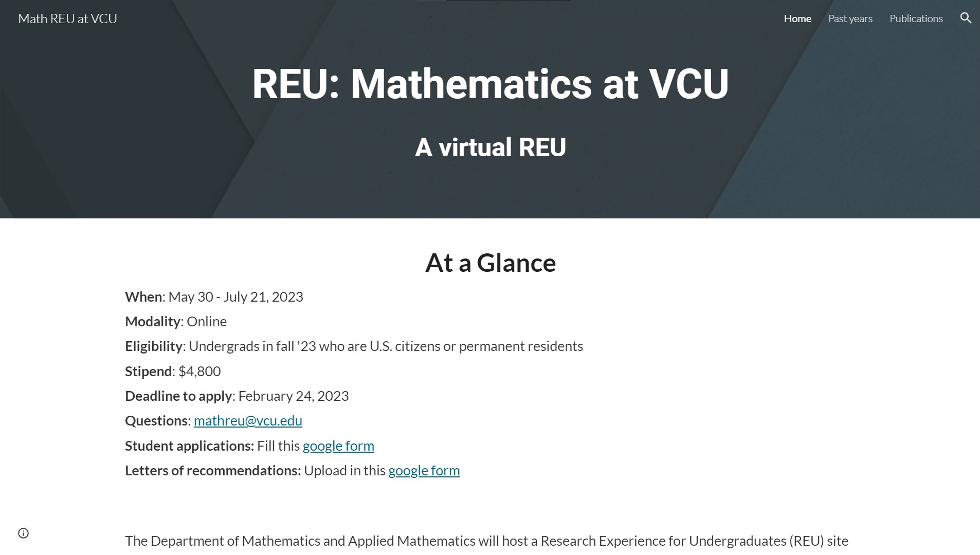 Online REU at Virginia Commonwealth University