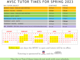 Spring 2023 MVSC Tutor Schedule