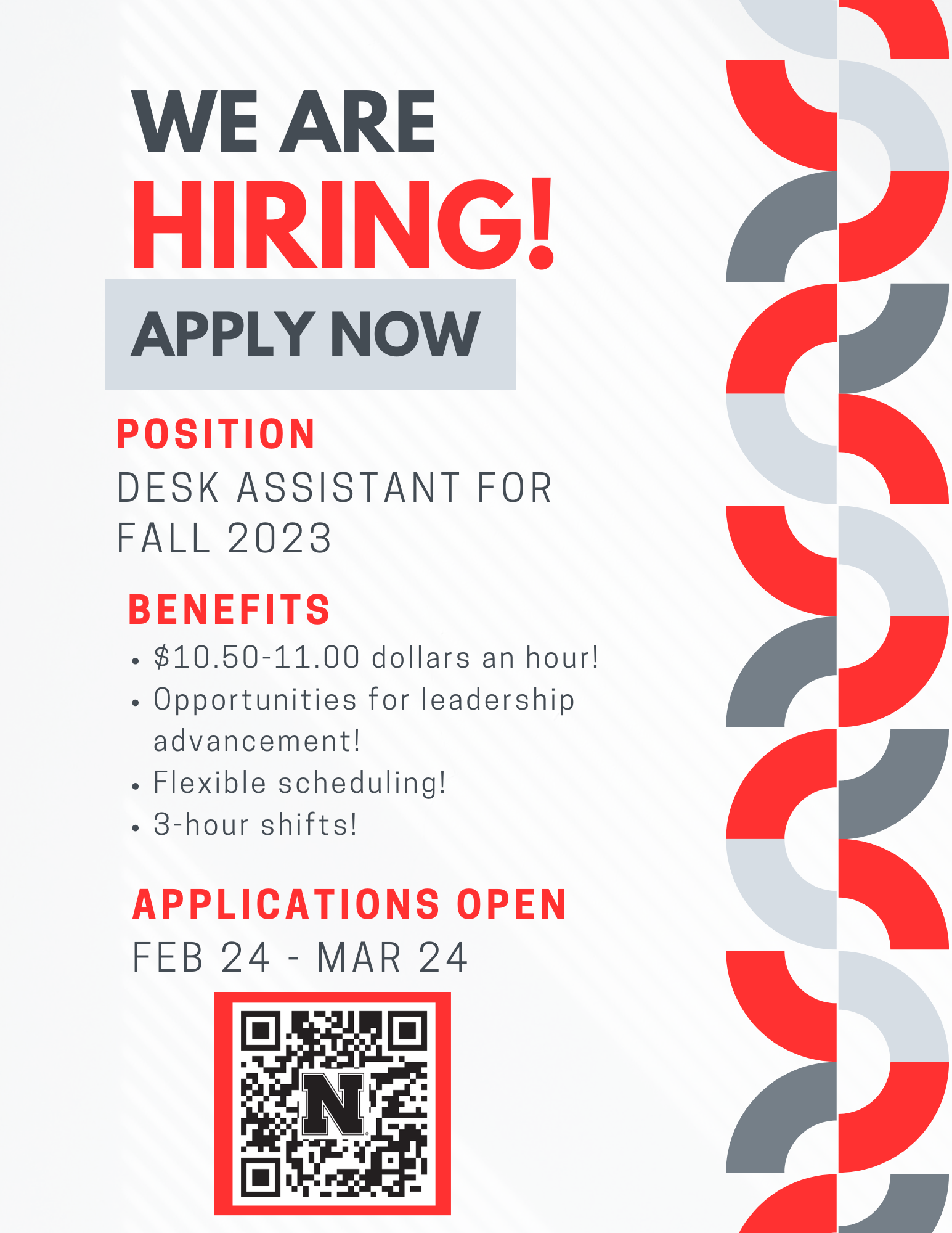 Residence Hall Desk Assistant hiring poster with QR code to the application.