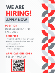 Residence Hall Desk Assistant hiring poster with QR code to the application.