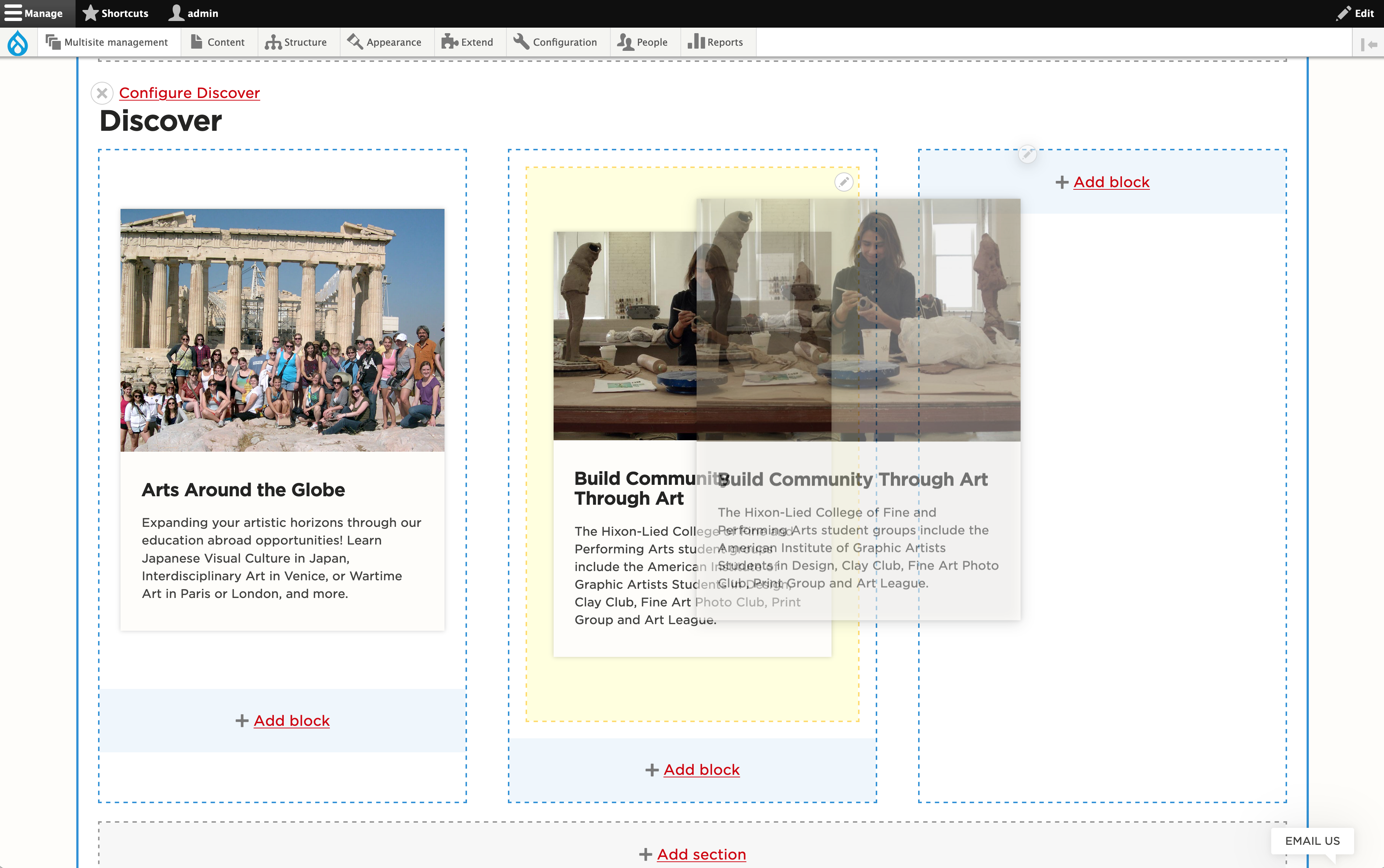 The Layout Builder interface in action, showing a photo being moved via drag-and-drop.