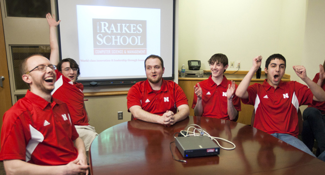 From left: Derek Guenther, Clay Upton, Chris Johnson, Alec Johnston and Neema Bahramzad react with the news of their win.