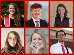 2022-23 Fulbright Students include (top) Leigh Jahnke, Adrian Pilkington, Joanna Walton, (bottom) Laura Jensen, Sarah Brady, and Spencer Tessman.