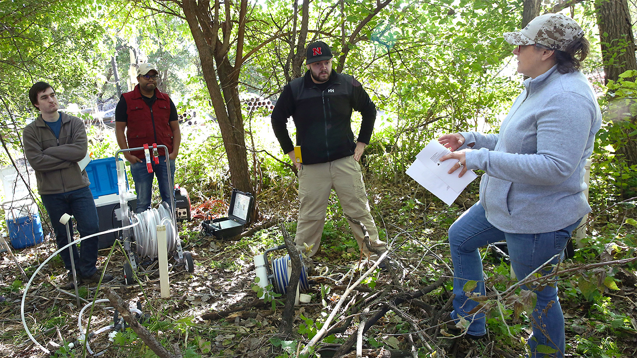 Karrie Weber (far right) directs Jeff Westrop (second from right) and fellow Husker researchers on how to test for uranium levels in the groundwater near Alda, Nebraska.  Photo by  Daugherty Water for Food Global Institute 