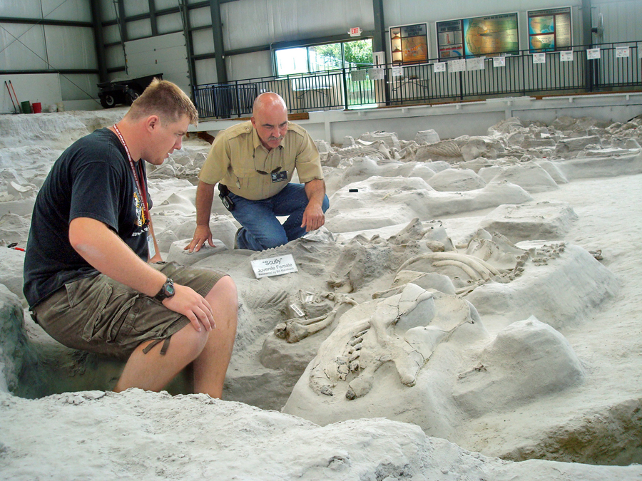 Ashfall intern Bill Mausbach (left) and Ashfall Superintendent Rick Otto discuss a newly found Cynarctus fossil in the ash bed.