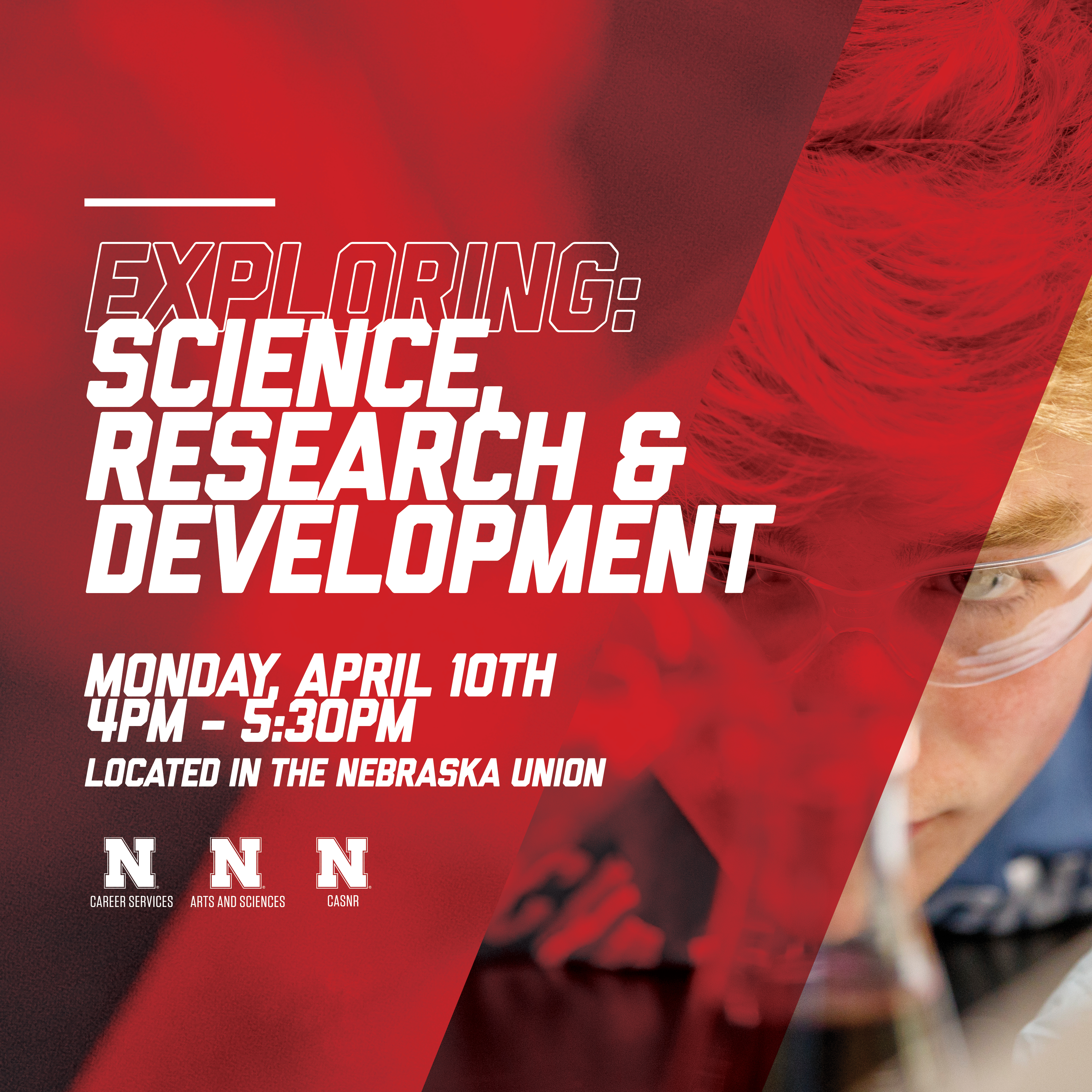 Poster advertising the Exploring:  Science, Research and Development event.