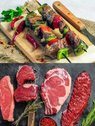 Top photo: Beef kabobs and bottom photo: Various cuts of beef