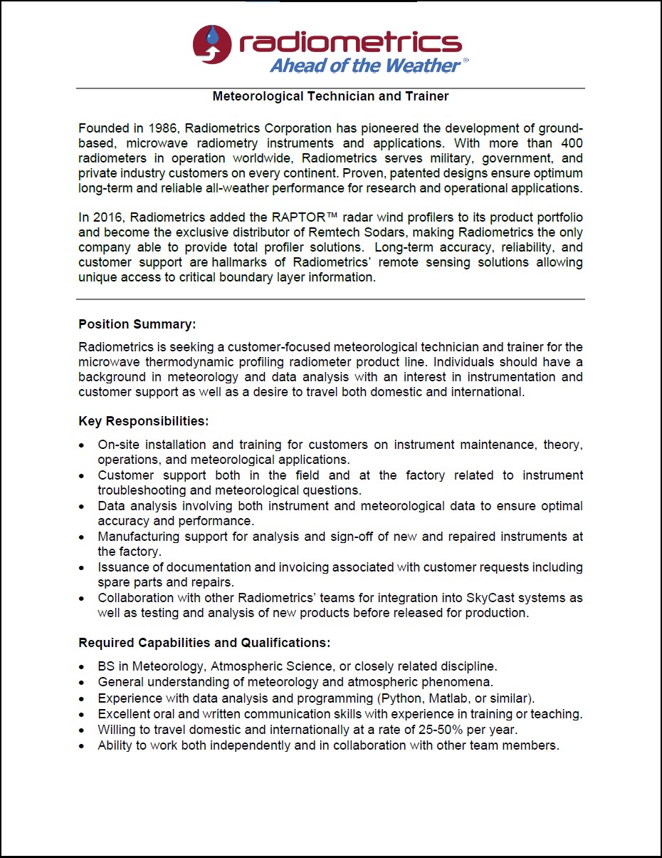 Radiometrics - Meteorological Technician and Trainer Position!