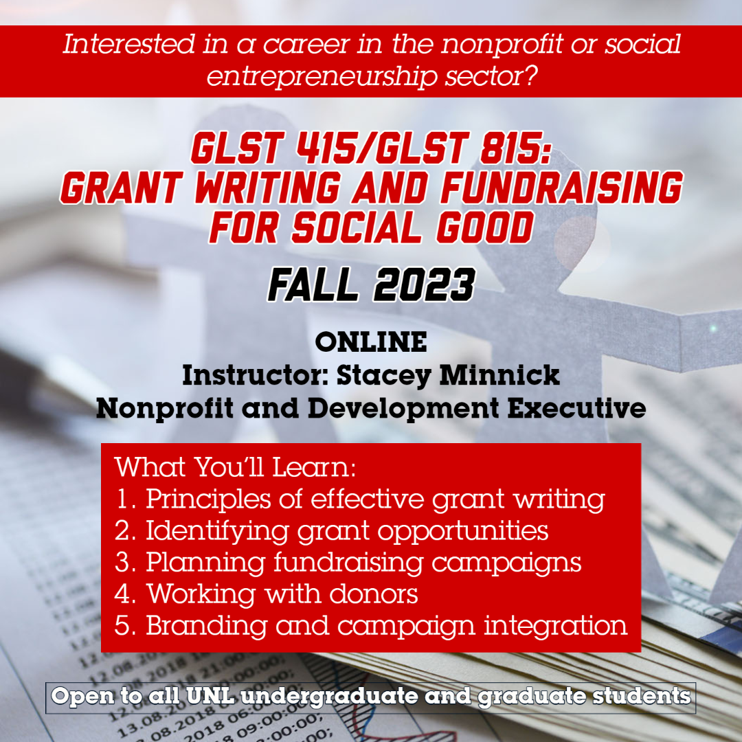 Promotional image for GLST415/815:  Grant Writing and Fundraising for Social Good