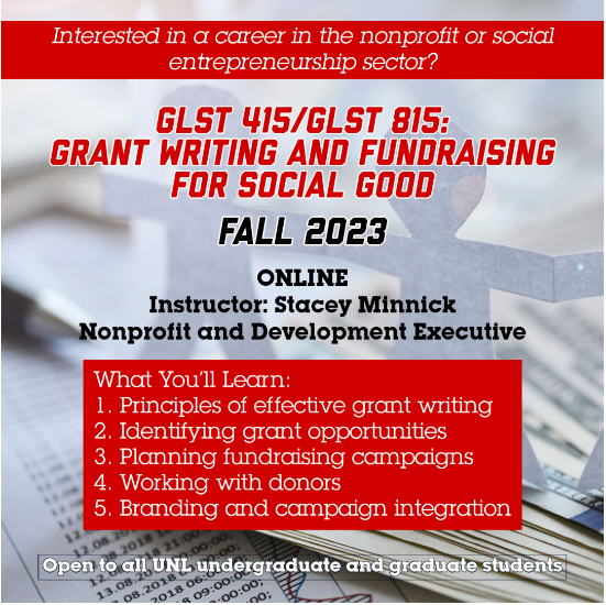 Promotional image for GLST415/815: Grant Writing and Fundraising for Social Good