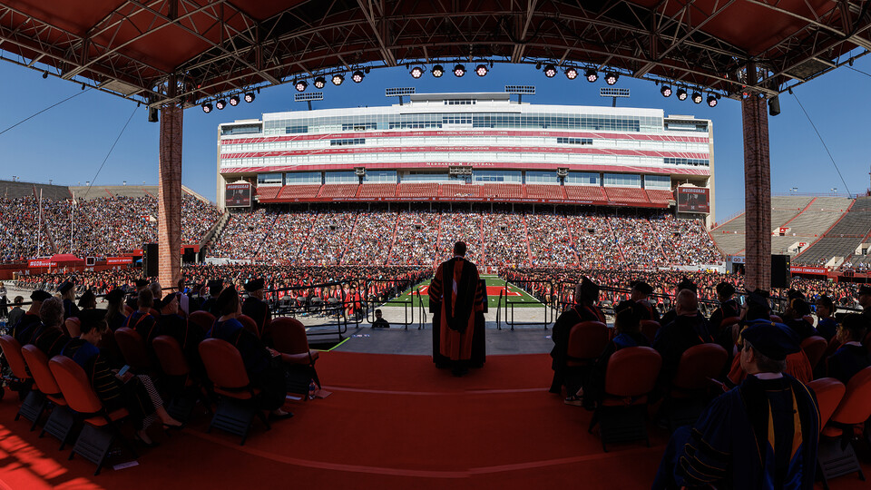 Chancellor Ronnie Green speaks during the undergraduate commencement ceremony May 20 at Memorial Stadium.