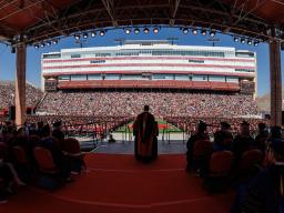 Chancellor Ronnie Green speaks during the undergraduate commencement ceremony May 20 at Memorial Stadium.
