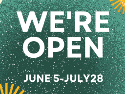 White text on a green background states the Writing Center is open from June 5-July 28