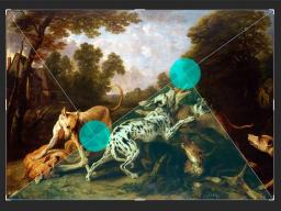 Lines and circles overlay the painting "Dogs Fighting in a Wooded Clearing" by Frans Snyders