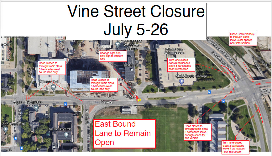 Vine Street, between Antelope Valley Parkway and 16th Street, will be closed to westbound traffic from July 5-26.