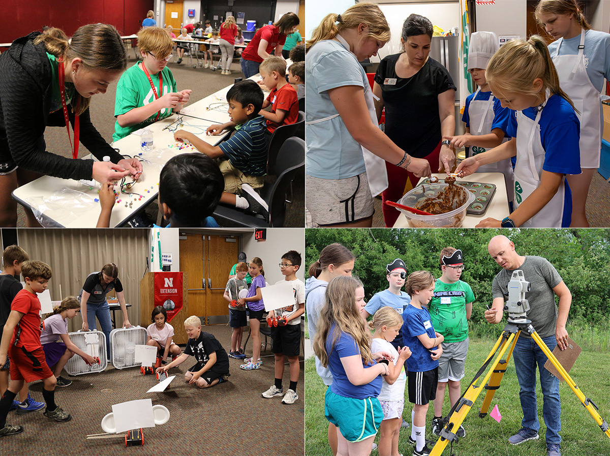 (Clockwise from upper left) Clover Kids Day Camp, Kitchen Chefs, Treasure Map and Wind: A Super Power. (Photos by Vicki Jedlicka, Nebraska Extension in Lancaster County)