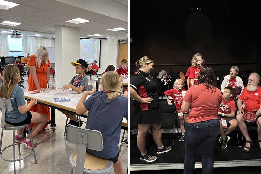 Left:  Jen Landis helps students create logos in “Logo Mania.” Right: Michelle Harvey works with a group to help turn their idea into a short play in her “Storytelling on Stage” class at Future Husker University.