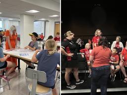 Left:  Jen Landis helps students create logos in “Logo Mania.” Right: Michelle Harvey works with a group to help turn their idea into a short play in her “Storytelling on Stage” class at Future Husker University.