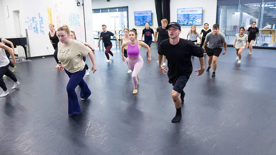 Devin Tyler Hatch, dance captain and swing for the "Hamilton" touring company, leads a master class for dance students at the Johnny Carson Center for Emerging Media Arts. Photo by Craig Chandler, University Communication and Marketing.