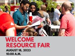 A couple is looking at maps and handouts at the Graduate Welcome Resource Fair. The caption reads: Welcome Resource Fair, August 18, 2023 at 10am, Seaton Hall Quadrangle.