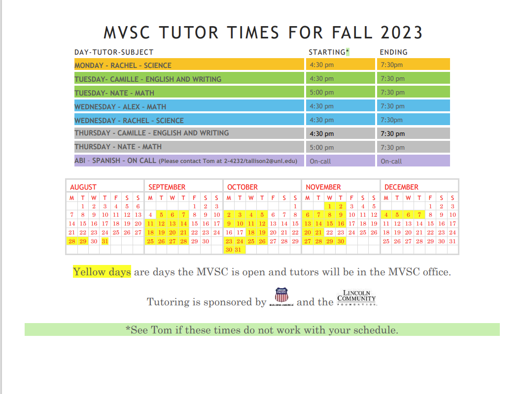 MVSC Tutoring Times