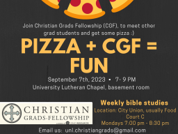 A flyer depicting PIZZA + CGF = FUN, providing information on the pizza party September 7, 7pm at the University Lutheran Chapel.