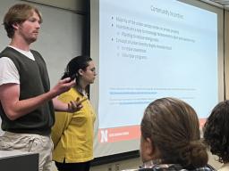 Students who developed an urban forestry plan for Hickman, Nebraska, through a School of Natural Resources course present the plan’s key findings. From left are Jake Fleischer, Susana Moyer, Sunny Mellick and Josiah Nolting. The audience included SNR staf