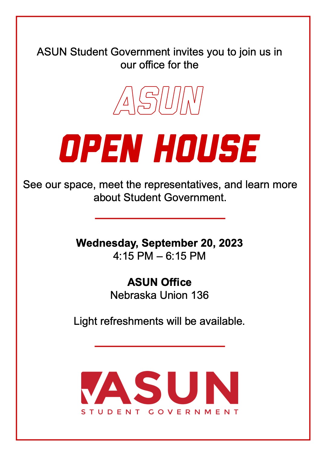 Invitation to ASUN Open House on September 20, 2023 at 4:15 PM.